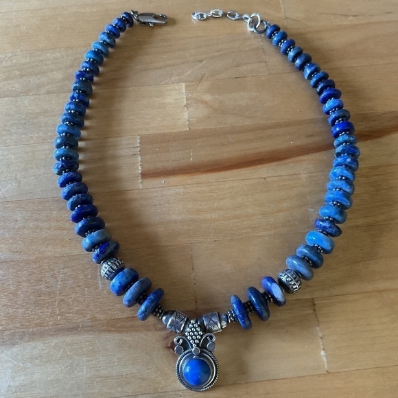 VINTAGE Sterling Silver 925 LAPIS LAZULI GREEK DESIGN NECKLACE - Picture 1 of 9